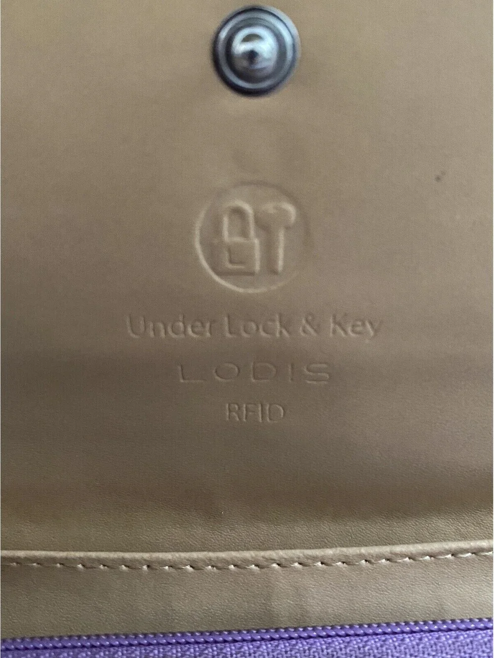 Lodis RFID Leather Lavender Wallet Beige Accent Snap Closure Zip Compartment